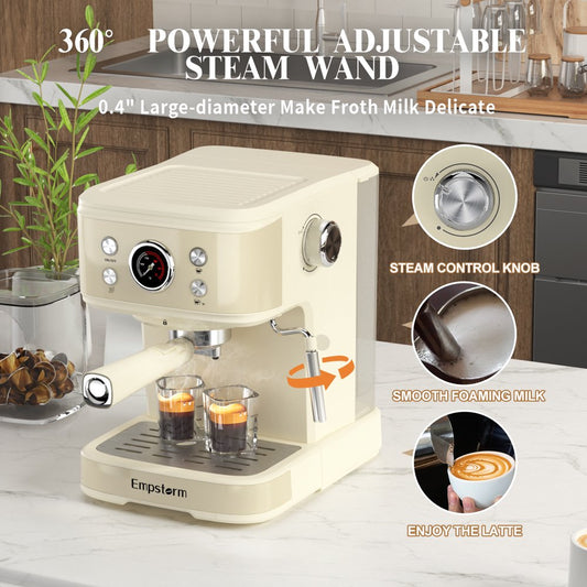 Versatile 20 Bar Espresso Machine with Temperature Gauge & Milk Frother Wand - ESE Pods, NS Capsules, and Ground Coffee Compatible