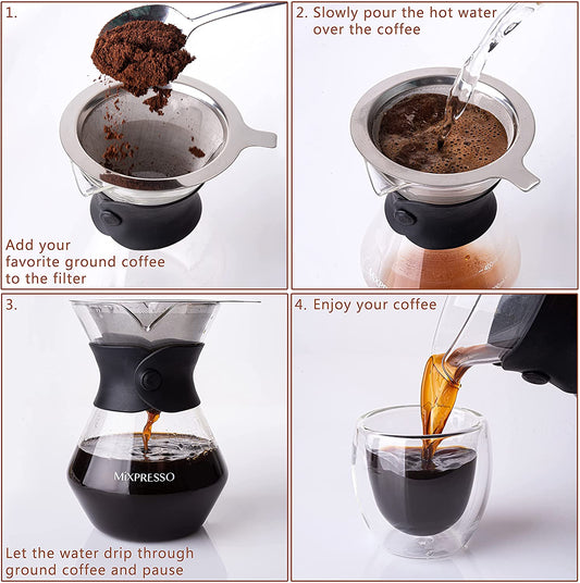 3 Cup Borosilicate Glass Pour Over Coffee Maker Set with Double Layer Stainless Steel Filter - Durable & Easy to Clean - About Brew