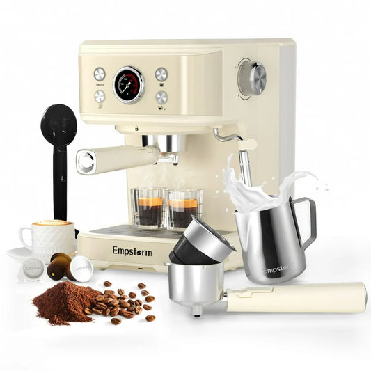 Versatile 20 Bar Espresso Machine with Temperature Gauge & Milk Frother Wand - ESE Pods, NS Capsules, and Ground Coffee Compatible