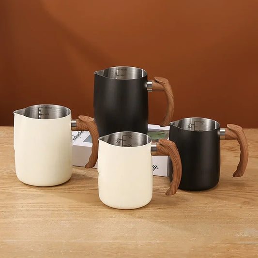 Premium Stainless Steel Milk Frothing Pitcher with Wooden Handle - Available in Two Sizes and Three Colors - About Brew