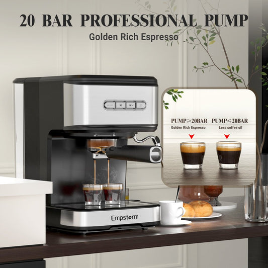20 Bar Espresso Machine with Milk Frother - Compact Design, Automatic Power Off, Dual Nozzle