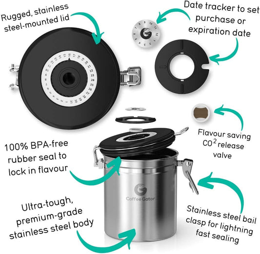 Premium Stainless Steel Coffee Container 16oz - CO2 Release Valve & Date Wheel - About Brew