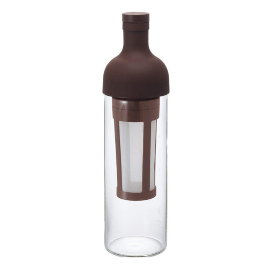 Brown plastic and clear glass wine bottle shaped cold brew coffee maker, front