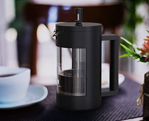Black stainless steel modern french press with glass window and handle, side