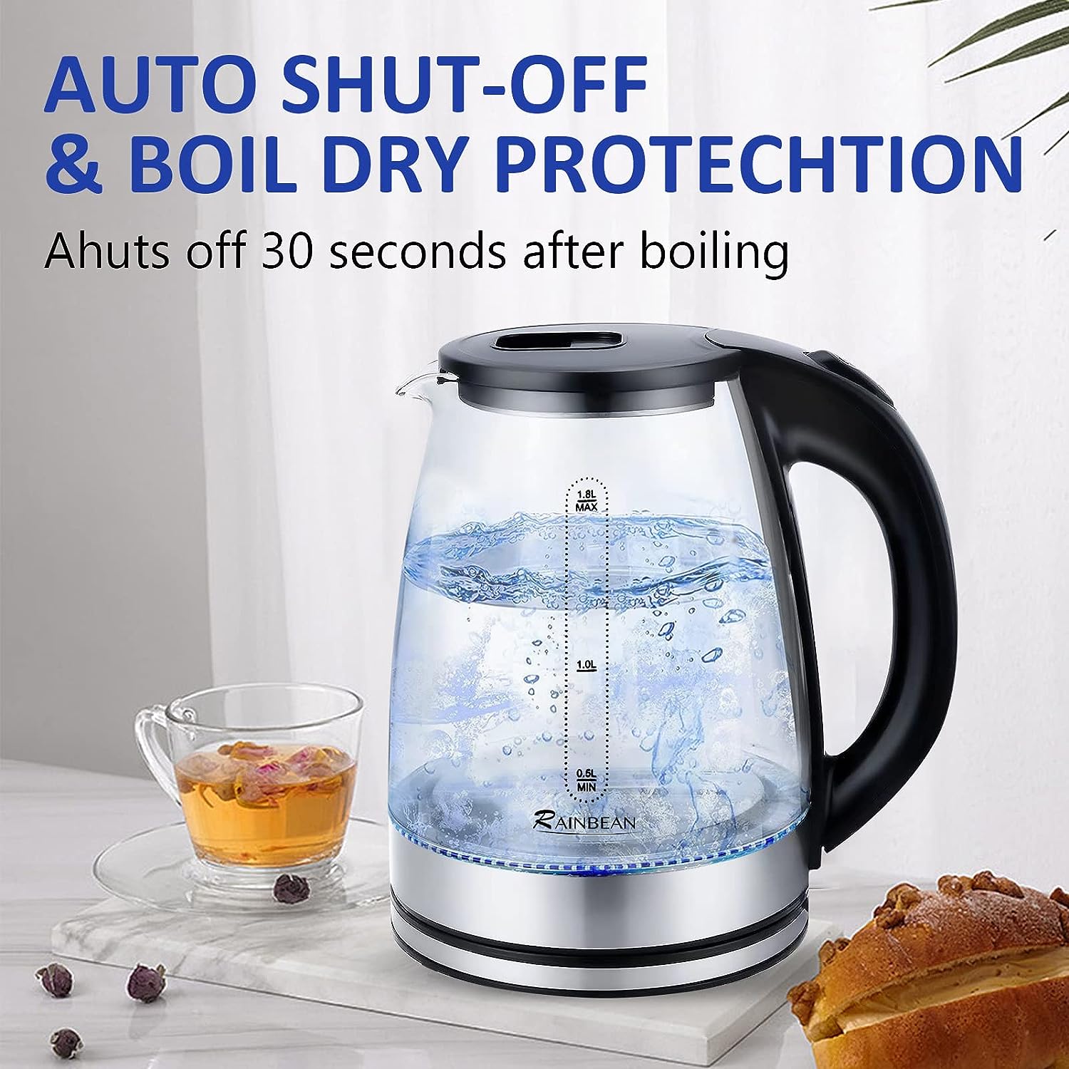 Electric Glass Kettle 60oz - Automatic Shut-Off & Boil-Dry Protection - About Brew