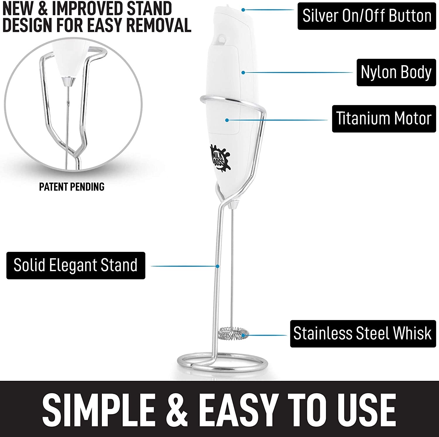 Milk Boss Frother with Stand - Professional Home Frothing Power, Easy Clean, Battery-Operated - About Brew