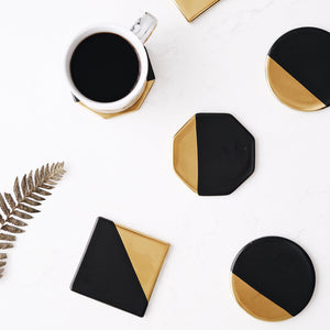 Elegant Ceramic Mug Coaster Set in Black and Gold - Available in Three Shapes - About Brew
