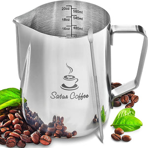 20oz Stainless Steel Milk Frothing Pitcher with Measurement Scales - Perfect for Espresso & Coffee Beverages - About Brew