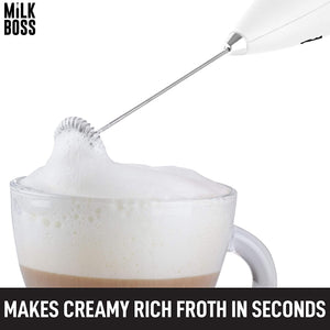 Milk Boss Frother with Stand - Professional Home Frothing Power, Easy Clean, Battery-Operated - About Brew