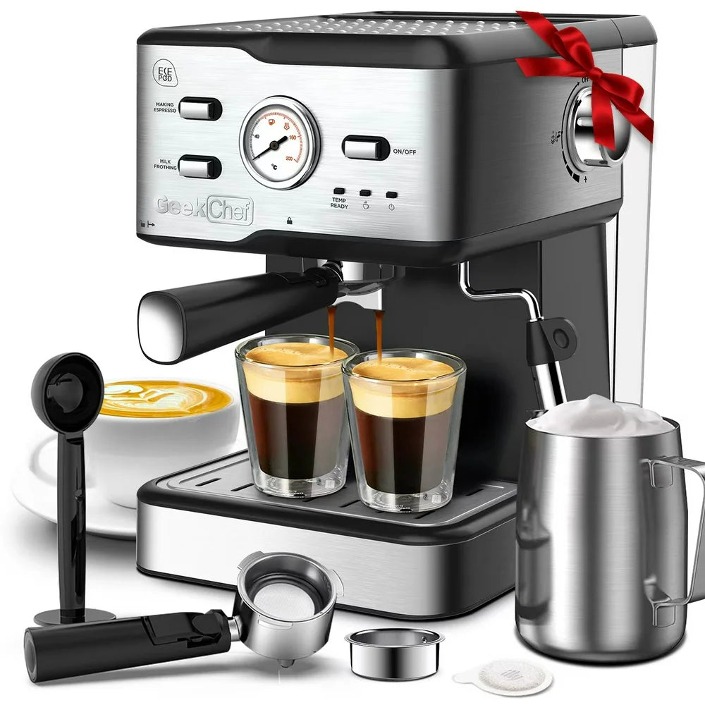 Professional 20 Bar Espresso Machine with Pressure Gauge & Milk Frothing Wand - Master Barista Quality Coffee at Home