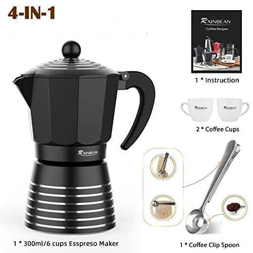 Modern Black Moka Pot Set 10oz  - Includes Two Cups and Coffee Spoon - About Brew