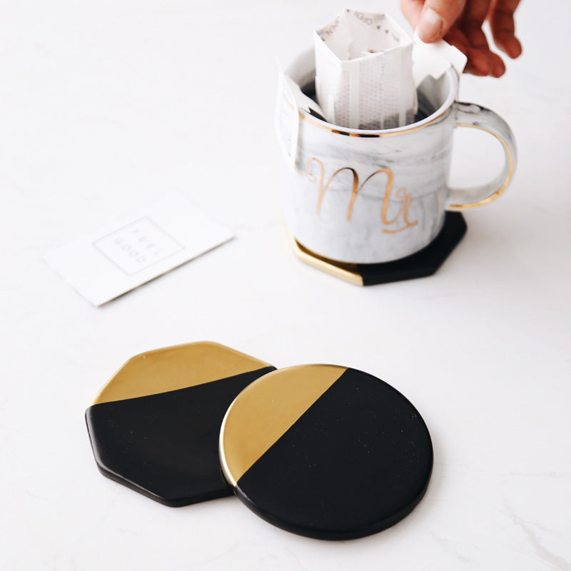Elegant Ceramic Mug Coaster Set in Black and Gold - Available in Three Shapes - About Brew