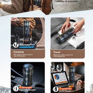 HiBREW Portable Coffee Machine for Car and Travel - Versatile Brewing with USB, DC12V Adapter, and US Plug
