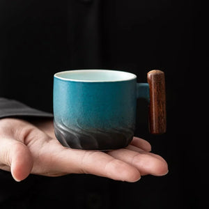 Elegant Ceramic Espresso Mug with Wooden Handle - 3oz, Available in Three Colors