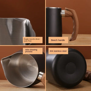 Premium Stainless Steel Milk Frothing Pitcher with Wooden Handle - Available in Two Sizes and Three Colors - About Brew