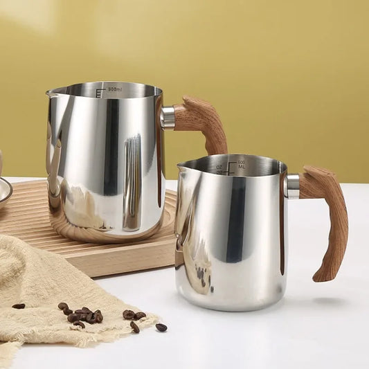 Premium Stainless Steel Milk Frothing Pitcher with Wooden Handle - Available in Two Sizes and Three Colors - About Brew