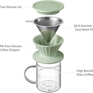 Portable Pour Over Coffee Maker Set with Stainless Steel Strainer - BPA Free Silicone, Dual Fine Mesh & Dishwasher Safe - About Brew