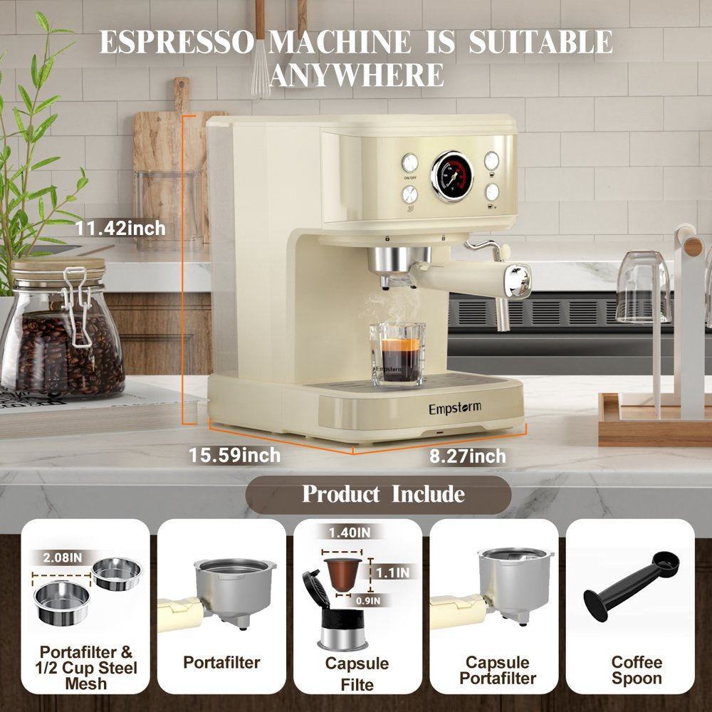 Versatile 20 Bar Espresso Machine with Temperature Gauge & Milk Frother Wand - ESE Pods, NS Capsules, and Ground Coffee Compatible