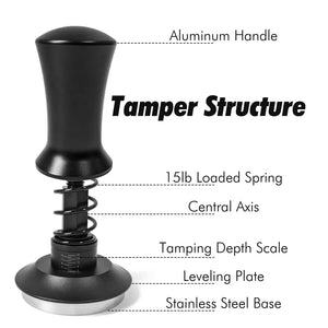 Precision Coffee Tamper with 15lb Spring 51/53/58mm - Aluminum Handle & Stainless Steel Base - About Brew