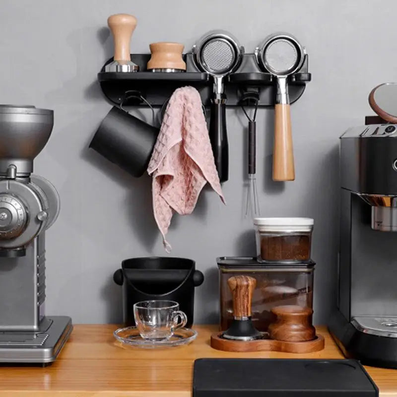 Multi-Functional Wall Mounted Coffee Accessory Holder - Space-Saving Storage for Tampers, Portafilters, and More - About Brew